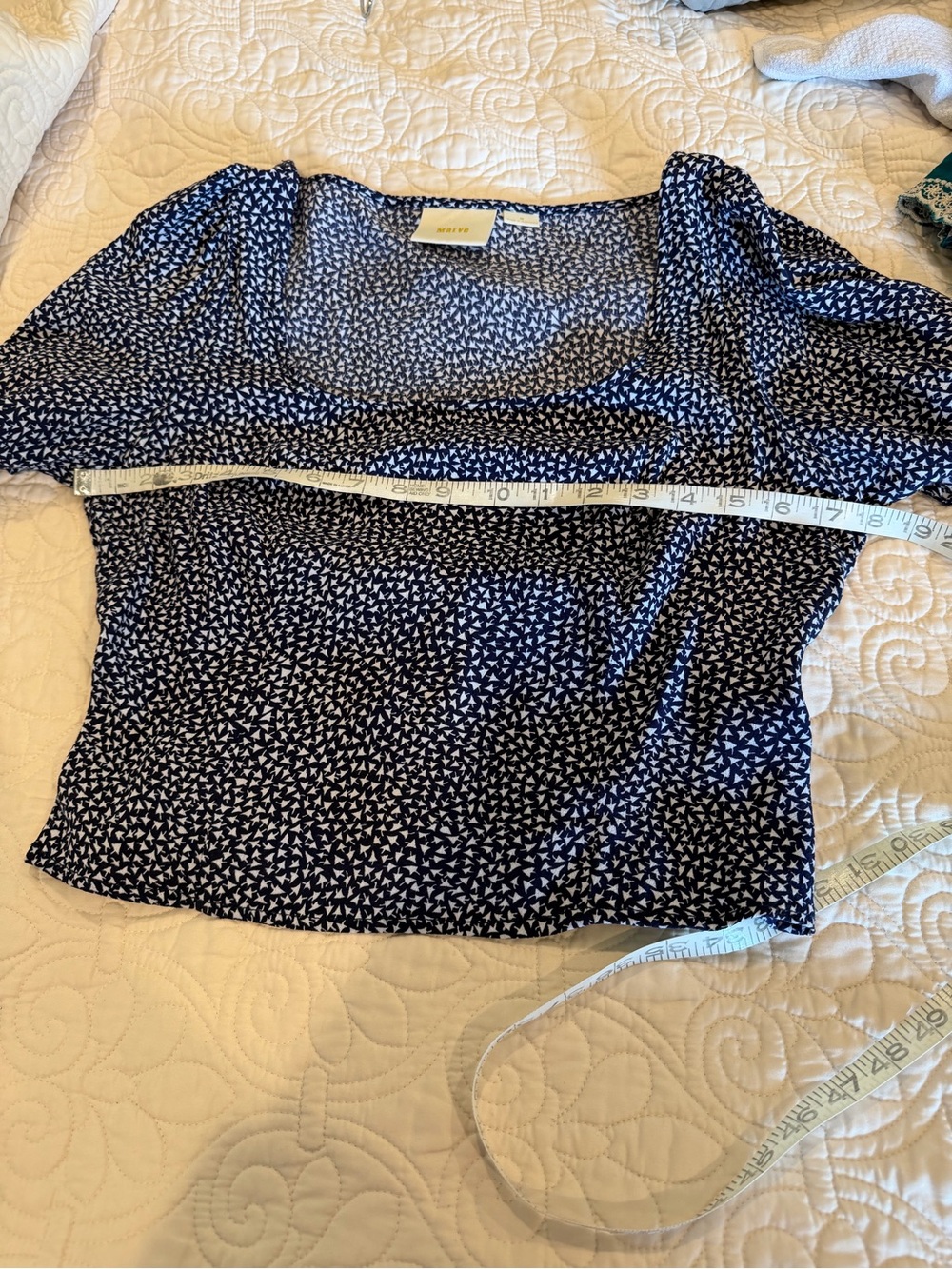 Anthropologie Maeve Navy and White Tie-Sleeve Scoop Neck Blouse M - Picture 8 of 8